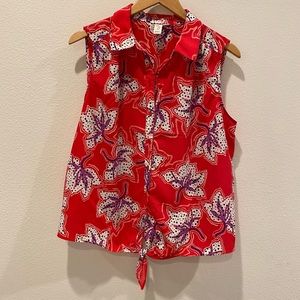 Joie Red Floral Button Up Tie Hem Blouse Size Large